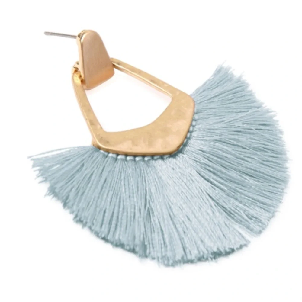 Bohemian Silky Thread Tassel Fringe Statement Drop Earrings 
- LIGHT BLUE - Picture 3 of 4